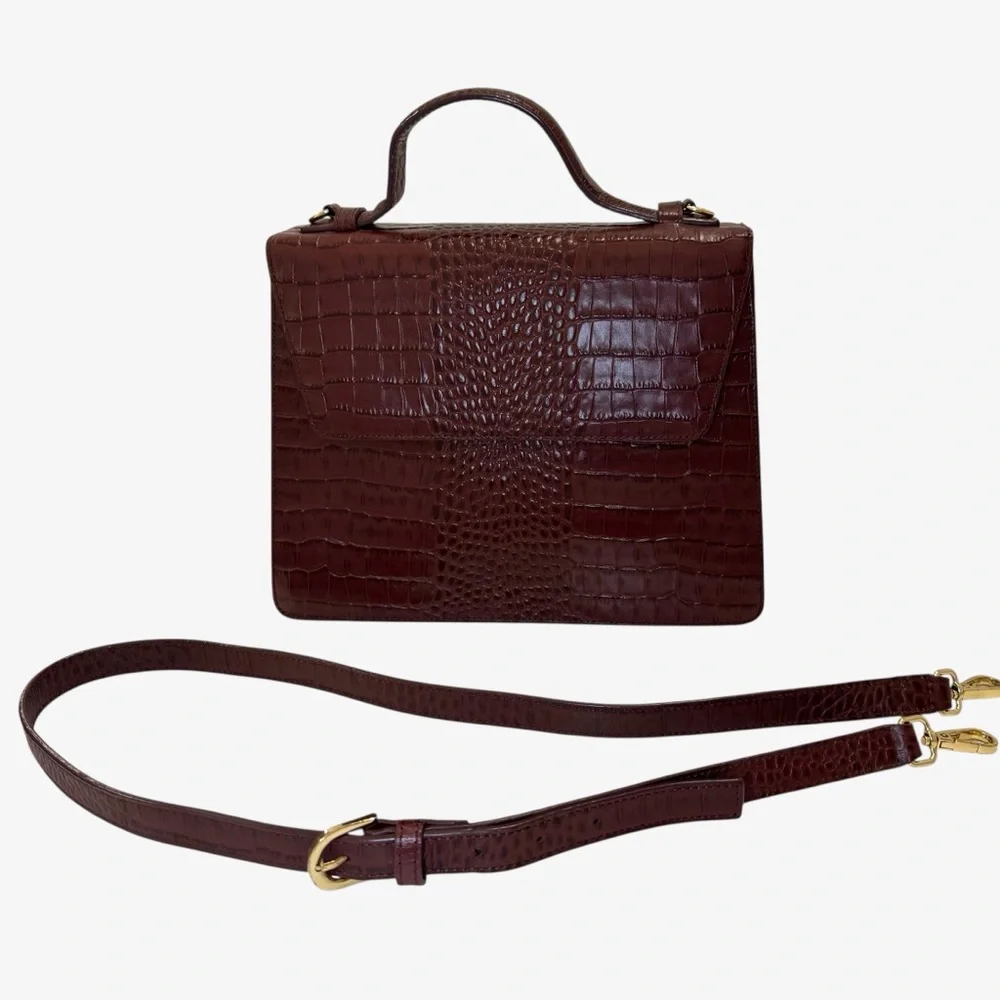 Vegan Crocodile Embossed Top Handle Handbag, Dark Chestnut, Nordstrom Collection - Picture 3 of 8